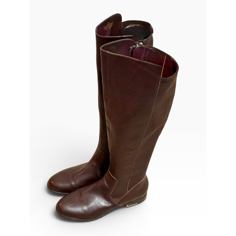 Nine West Levi Dark Brown Leather Tall Riding Boots Women Sz 8M Stretch Panels - Picture 2 of 11